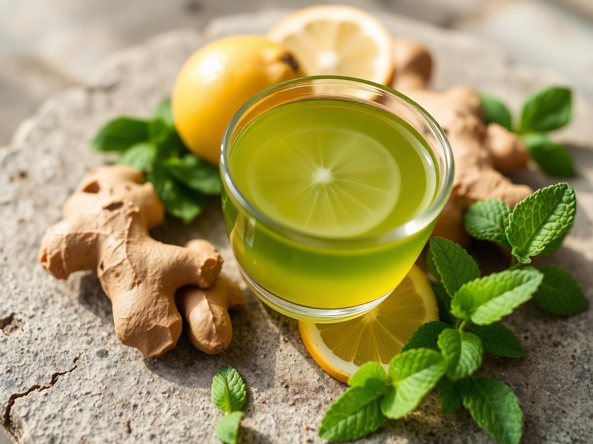 Green tea, ginger and mint on stone